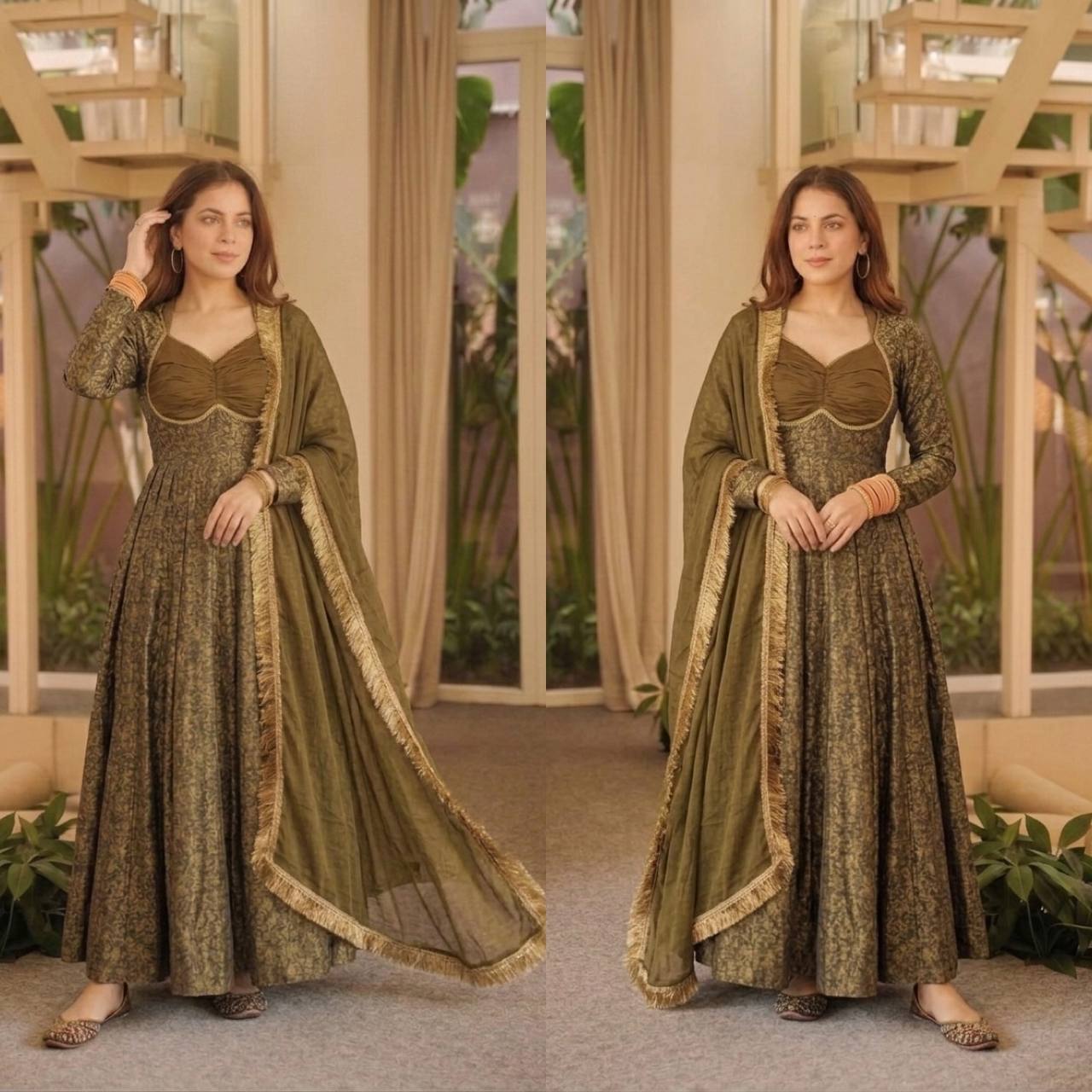 Opulent Mehendi Green Brocade Flared Anarkali Suit Set Featuring a Ruched Sweetheart Neckline, Woven Floral Motifs, and an Elegant Tie-Up Back